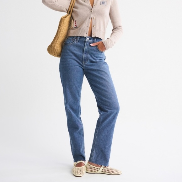 Abercrombie Curve Love Jeans 90s slim straight ultra high rise medium wash raw - Picture 1 of 10